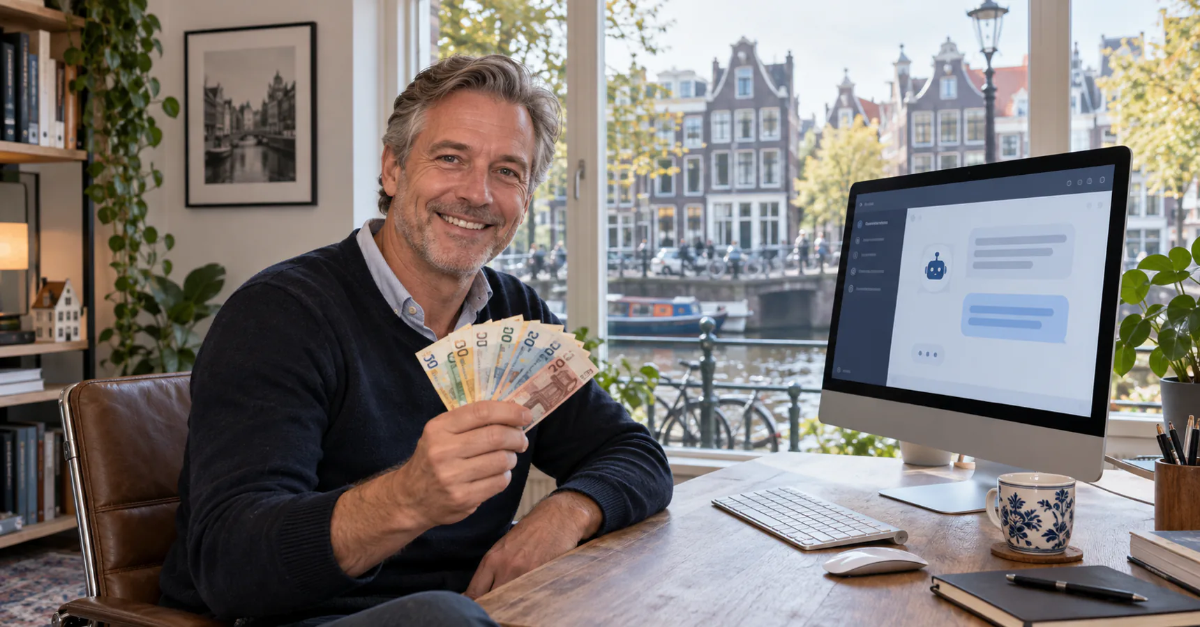 Man van rond de vijftig aan een bureau bij het raam, met wat bankbiljetten in zijn hand, een chatvenster op zijn monitor en Amsterdamse grachtenpanden achter het raam